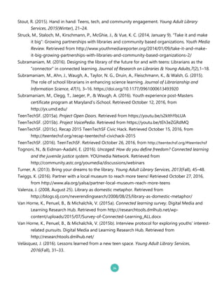 Stout, R. .20152. Hand in hand: Teens, tech, and community engagement. Young Adult Library
Services, 2015.Winter2, 21–24.
Struck, M., Staloch, M., Kirschmann, P., McGhie, J., & Vue, K. C. .2014, January 92. “Take it and make
it big”: Growing partnerships with libraries and community based organizations. Youth Media
Review. Retrieved from http://www.youthmediareporter.org/2014/01/09/take`it`and`make`
it`big`growing`partnerships`with`libraries`and`community`based`organizations`2/
Subramaniam, M. .20162. Designing the library of the future for and with teens: Librarians as the
“connector” in connected learning. Journal of Research on Libraries & Young Adults,7.22,1–18.
Subramaniam, M., Ahn, J., Waugh, A., Taylor, N. G., Druin, A., Fleischmann, K., & Walsh, G. .20152.
The role of school librarians in enhancing science learning. Journal of Librarianship and
Information Science, 47.12, 3–16. https://doi.org/10.1177/0961000613493920
Subramaniam, M., Clegg, T., Jaeger, P., & Waugh, A. .20162. Youth experience post`Masters
certificate program at Maryland’s iSchool. Retrieved October 12, 2016, from
http://yx.umd.edu/
TeenTechSF. .2015a2. Project Open Doors. Retrieved from https://youtu.be/s2kIthYbLUA
TeenTechSF. .2015b2. Project VoicePedia. Retrieved from https://youtu.be/tEh3eZGRdMQ
TeenTechSF. .2015c2. Recap 2015 TeenTechSF Civic Hack. Retrieved October 15, 2016, from
http://teentechsf.org/recap`teentechsf`civichack`2015
TeenTechSF. .20162. TeenTechSF. Retrieved October 26, 2016, from http://teentechsf.org/#teentechsf
Tognoni, N., & Eidman`Aadahl, E. .20162. Uncaged: How do you define freedom? Connected learning
and the juvenile justice system. YOUmedia Network. Retrieved from
http://community.astc.org/youmedia/discussions/webinars
Turner, A. .20132. Bring your dreams to the library. Young Adult Library Services, 2013.Fall2, 45–48.
Twiggs, K. .20162. Partner with a local museum to reach more teens! Retrieved October 27, 2016,
from http://www.ala.org/yalsa/partner`local`museum`reach`more`teens
Valenza, J. .2008, August 252. Library as domestic metaphor. Retrieved from
http://blogs.slj.com/neverendingsearch/2008/08/25/library`as`domestic`metaphor/
Van Horne, K., Penuel, B., & Michalchik, V. .2015a2. Connected learning survey. Digital Media and
Learning Research Hub. Retrieved from http://researchtools.dmlhub.net/wp`
content/uploads/2015/07/Survey`of`Connected`Learning_ALL.docx
Van Horne, K., Penuel, B., & Michalchik, V. .2015b2. Interview protocol for exploring youths’ interest`
related pursuits. Digital Media and Learning Research Hub. Retrieved from
http://researchtools.dmlhub.net/
Velásquez, J. .20162. Lessons learned from a new teen space. Young Adult Library Services,
2016.Fall2, 31–33.
 