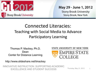 Connected Literacies:
        Teaching with Social Media to Advance
                Participatory Learning

    Thomas P. Mackey, Ph.D.
               Dean
   Center for Distance Learning

 http://www.slideshare.net/tmackey
INNOVATIVE INSTRUCTION: SUPPORTING ACADEMIC
                                              Thursday, May 31, 2012   1
     EXCELLENCE AND STUDENT SUCCESS
 