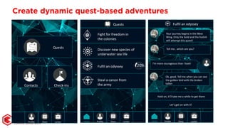 Create dynamic quest-based adventures
Profile Diary Locker
Quests
Contacts Check-ins
Profile Diary Locker
Quests
Home
Fight for freedom in
the colonies
Discover new species of
underwater sea life
Fulfil an odyssey
Steal a canon from
the army
20%
Profile Diary LockerHome
Fulfil an odyssey
Your journey begins in the West
Wing. Only the bold and the foolish
will attempt this quest!
Tell me.. which are you?
Ok, good. Tell me when you can see
the golden bird with the broken
tallon
I’m more courageous than I look!
Let’s get on with it!
Hold on, it’ll take me a while to get there
 