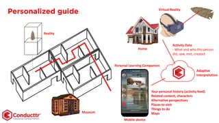 Personalized guide Virtual Reality
Adaptive
interpretation
Your personal history (activity feed)
Related content, characters
Alternative perspectives
Places to visit
Things to do
Maps
Activity Data
- What and who this person
did, saw, met, created
Home
Museum
Reality
Personal Learning Companion
Mobile device
 