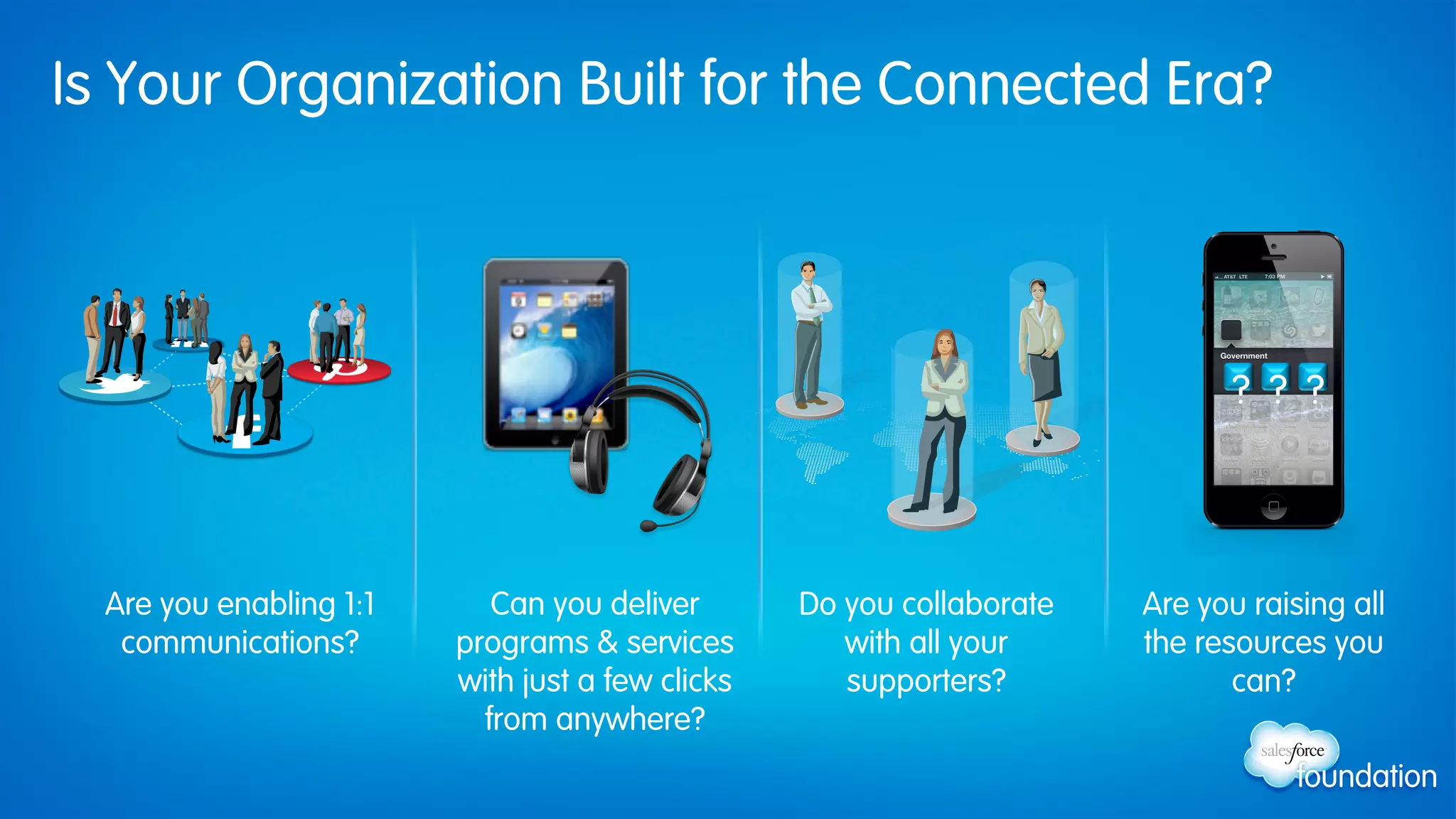 Is Your Organization Built for the Connected Era?
Are you enabling 1:1
communications?
Can you deliver
programs & services
with just a few clicks
from anywhere?
Do you collaborate
with all your
supporters?
Are you raising all
the resources you
can?
? ? ?
 