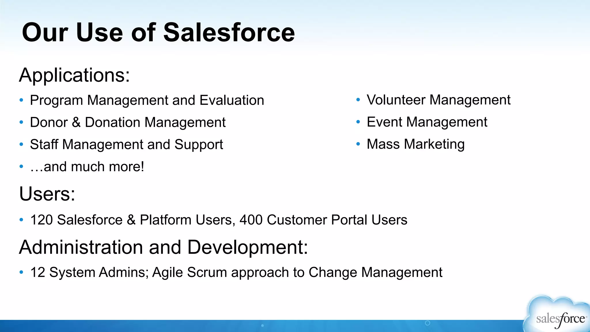 Our Use of Salesforce
Applications:
•  Program Management and Evaluation
•  Donor & Donation Management
•  Staff Management and Support
•  …and much more!
Users:
•  120 Salesforce & Platform Users, 400 Customer Portal Users
Administration and Development:
•  12 System Admins; Agile Scrum approach to Change Management
•  Volunteer Management
•  Event Management
•  Mass Marketing
 