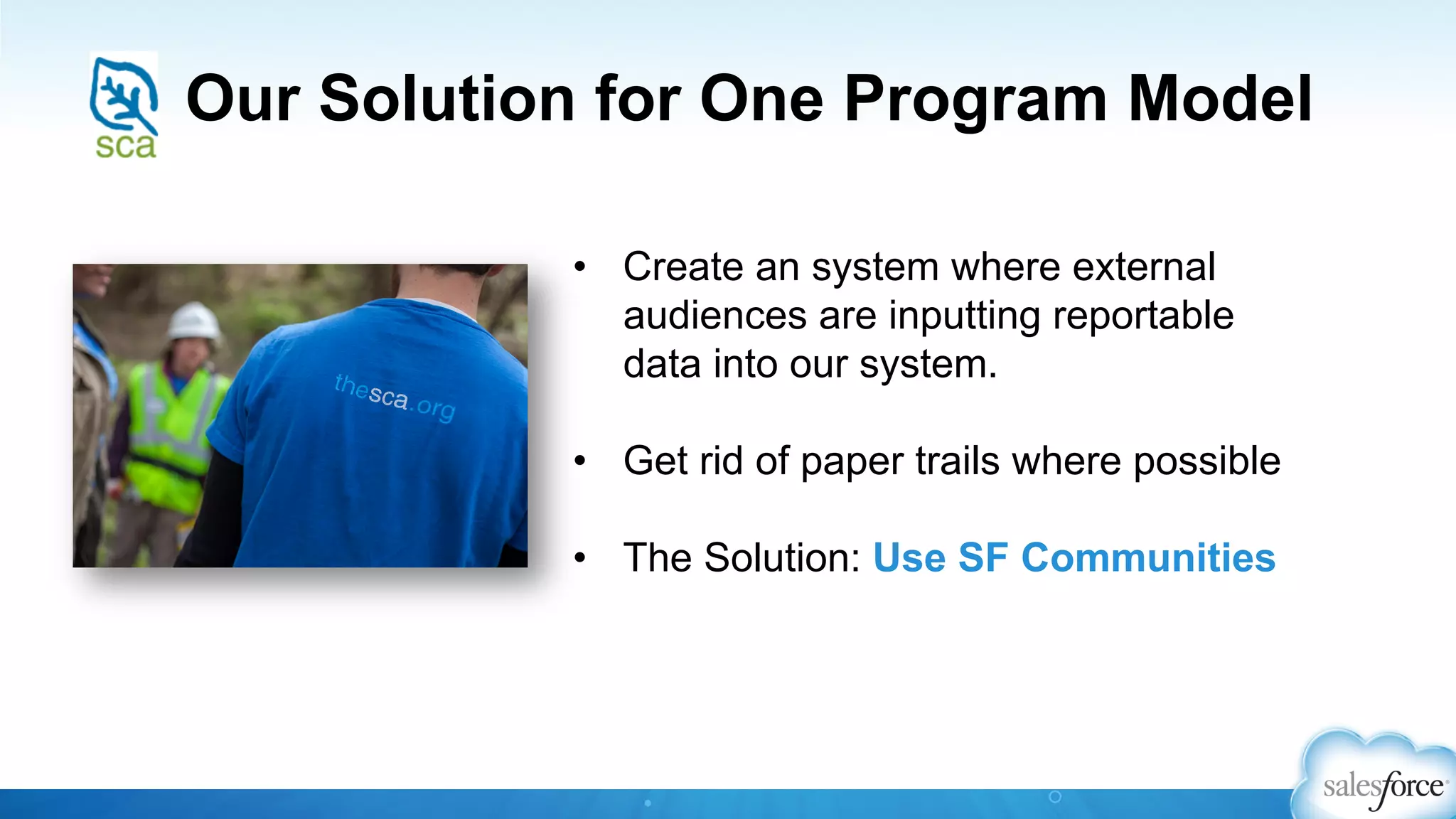 Our Solution for One Program Model
•  Create an system where external
audiences are inputting reportable
data into our system.
•  Get rid of paper trails where possible
•  The Solution: Use SF Communities
 