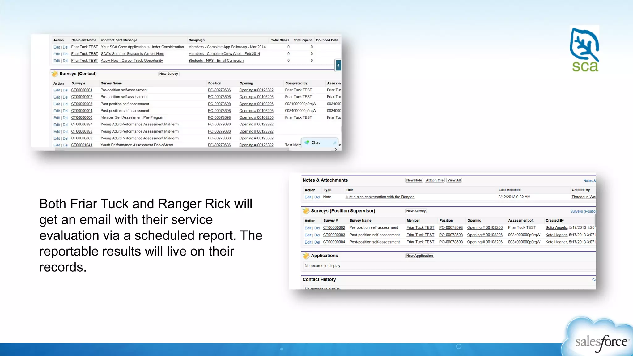 Both Friar Tuck and Ranger Rick will
get an email with their service
evaluation via a scheduled report. The
reportable results will live on their
records.
 