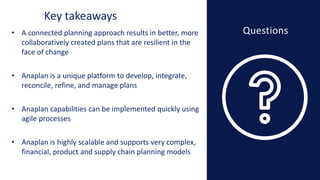 26
• A connected planning approach results in better, more
collaboratively created plans that are resilient in the
face of change
• Anaplan is a unique platform to develop, integrate,
reconcile, refine, and manage plans
• Anaplan capabilities can be implemented quickly using
agile processes
• Anaplan is highly scalable and supports very complex,
financial, product and supply chain planning models
Key takeaways
Questions
 