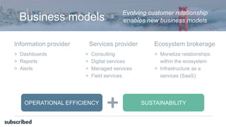 Business models Evolving customer relationship
enables new business models
Information provider Services provider Ecosystem brokerage
> Dashboards
> Reports
> Alerts
> Consulting
> Digital services
> Managed services
> Field services
> Monetize relationships
within the ecosystem
> Infrastructure as a
services (SaaS)
OPERATIONAL EFFICIENCY SUSTAINABILITY
 