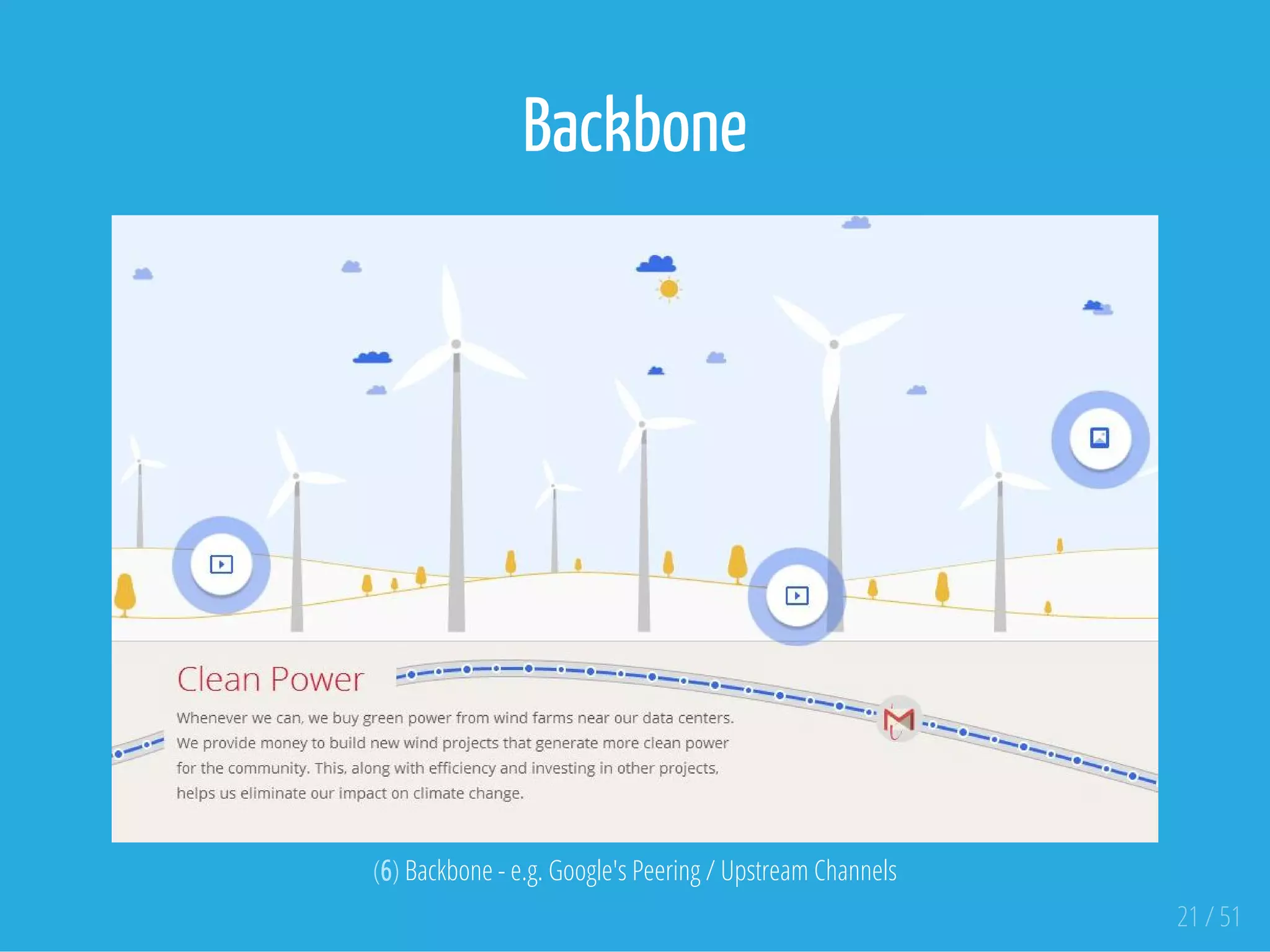 Backbone
 
(6) Backbone - e.g. Google's Peering / Upstream Channels
21 / 51
 