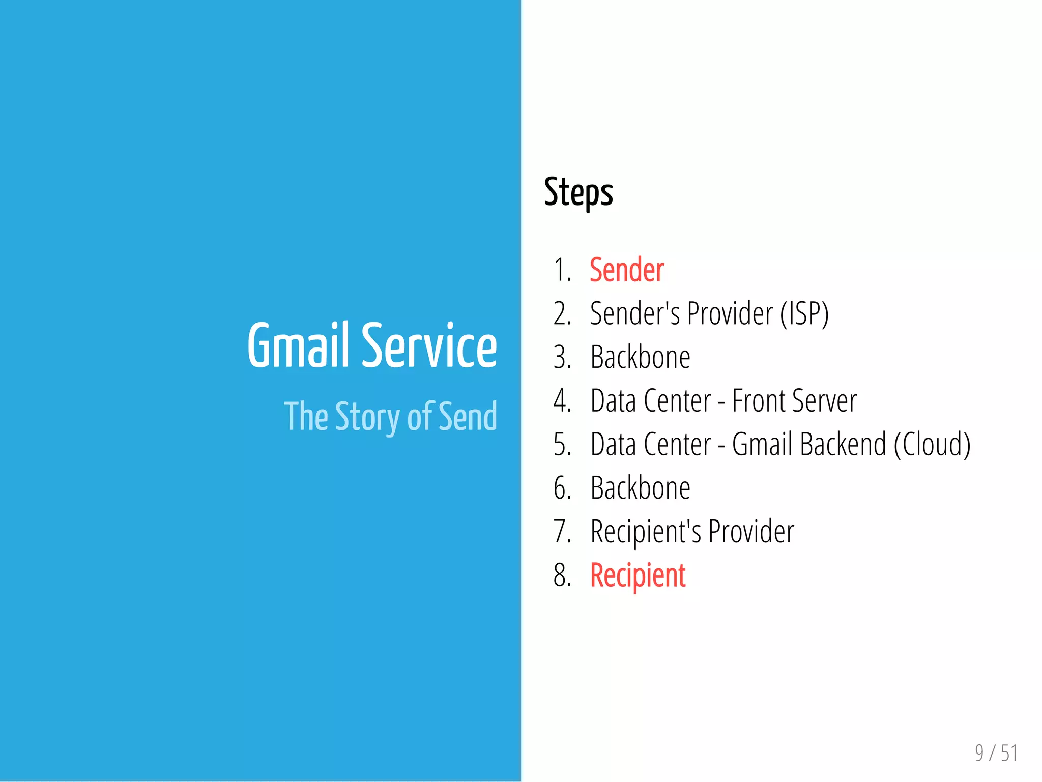 Gmail Service
The Story of Send
 
Steps
1. Sender
2. Sender's Provider (ISP)
3. Backbone
4. Data Center - Front Server
5. Data Center - Gmail Backend (Cloud)
6. Backbone
7. Recipient's Provider
8. Recipient
9 / 51
 