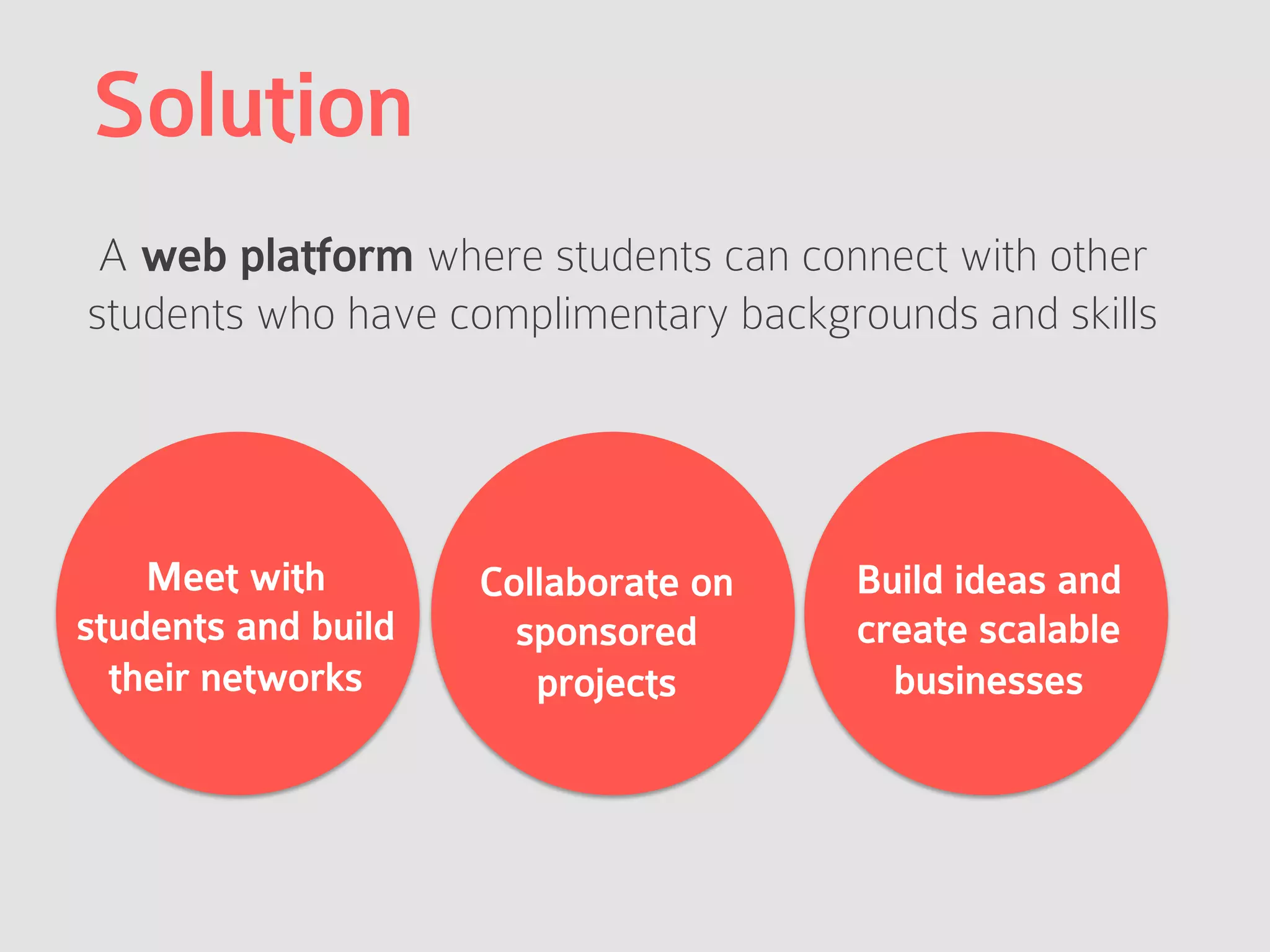 Solution
A web platform where students can connect with other
students who have complimentary backgrounds and skills
Collaborate on
sponsored
projects
Meet with
students and build
their networks
Build ideas and
create scalable
businesses
 