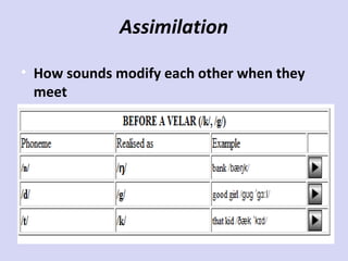 Assimilation
• How sounds modify each other when they
meet

 