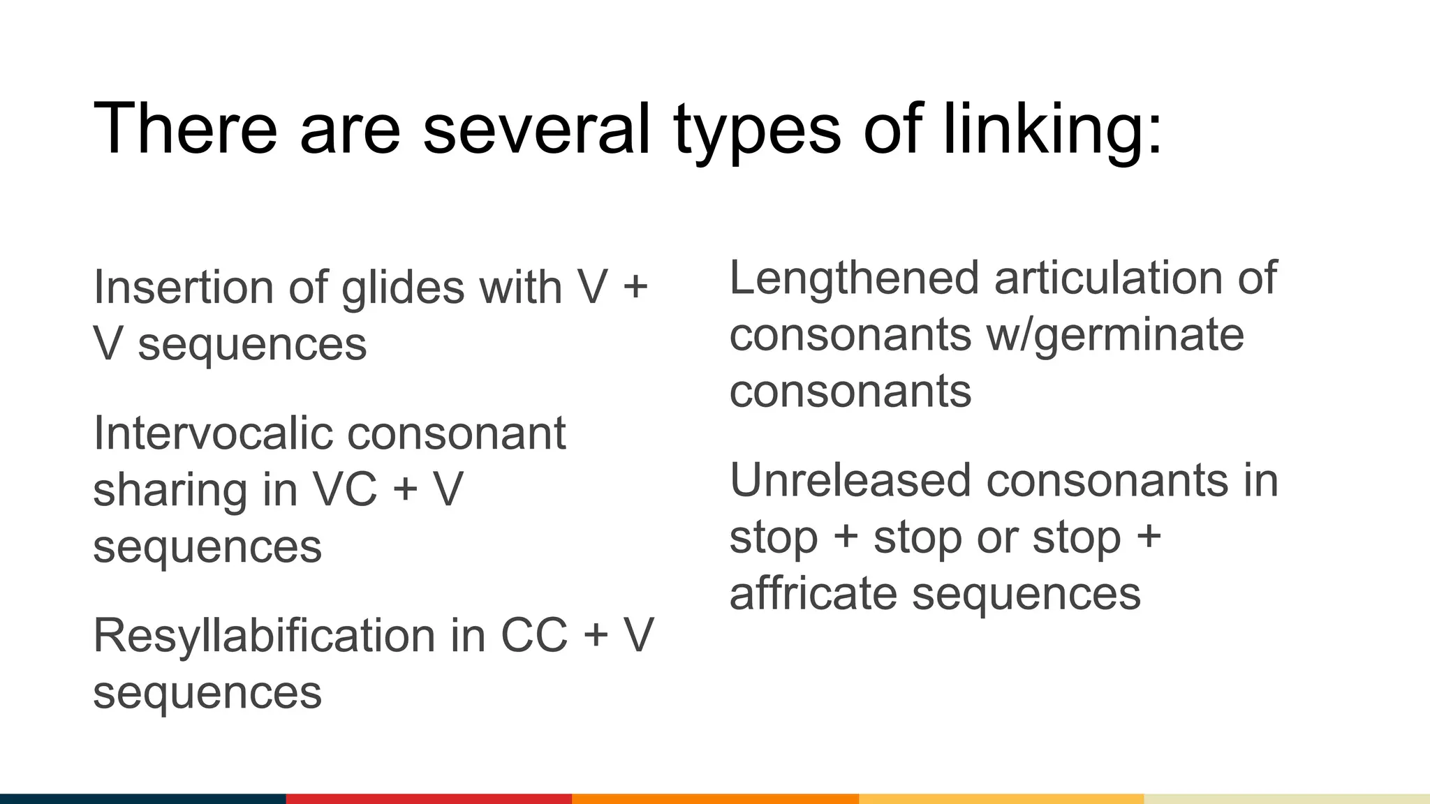 There are several types of linking:
Insertion of glides with V +
V sequences
Intervocalic consonant
sharing in VC + V
sequences
Resyllabification in CC + V
sequences
Lengthened articulation of
consonants w/germinate
consonants
Unreleased consonants in
stop + stop or stop +
affricate sequences
 