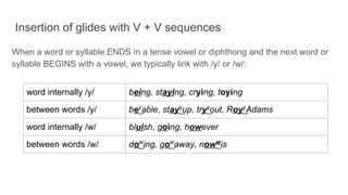 Insertion of glides with V + V sequences
When a word or syllable ENDS in a tense vowel or diphthong and the next word or
syllable BEGINS with a vowel, we typically link with /y/ or /w/:
word internally /y/ being, staying, crying, toying
between words /y/ be͜y
able, stay͜y
up, try͜y
out, Roy͜y
Adams
word internally /w/ bluish, going, however
between words /w/ do͜w
ing, go͜w
away, now͜w
is
 