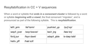 Resyllabification in CC + V sequences
When a word or syllable that ends in a consonant cluster is followed by a word
or syllable beginning with a vowel, the final consonant “migrates”, and is
pronounced as part of the following syllable. This is resyllabification.
lef/t ͜ arm /lefˑtɑrm/ push/ed ͜ up /pʊʃˑtʌp/
wep/t ͜ over /wɛpˑtowvər/ las/t ͜ ing /læsˑtɪŋ/
fin/d͜ our /faynˑdawt/ adap/t ͜ able /əˑdæpˑtəbl/
hat/s ͜ off /hætˑsɔf/
 