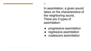 In assimilation, a given sound
takes on the characteristics of
the neighboring sound.
There are 3 types of
assimilation:
● progressive assimilation
● regressive assimilation
● coalescent assimilation
 