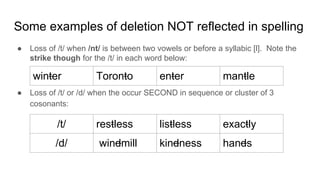 Some examples of deletion NOT reflected in spelling
● Loss of /t/ when /nt/ is between two vowels or before a syllabic [l]. Note the
strike though for the /t/ in each word below:
● Loss of /t/ or /d/ when the occur SECOND in sequence or cluster of 3
cosonants:
winter Toronto enter mantle
/t/ restless listless exactly
/d/ windmill kindness hands
 