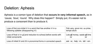 Deletion: Aphesis
Aphesis is a comon type of deletion that occurs in very informal speech, as in
‘cause, ‘bout, ‘round. Why does this happen? Simply put, it’s easier not to
produce a consonant than to produce it.
Loss of first non-initial /r/ in a word that has another /r/ in a
following syllable (disappearing /r/)
February, governor, surprise,
temperature
Loss of final /v/ in of (and reduction to schwa) before words with
initial consonants
Lots of money, waste of time
/ə/ /ə/
Loss of initial /h/ and /ð/ in pronominal forms in connected speech ask her, help him, tell them
 