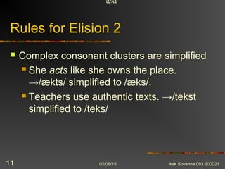 Rules for Elision 2
 Complex consonant clusters are simplified
 She acts like she owns the place.
→/ækts/ simplified to /æks/.
 Teachers use authentic texts. →/tekst
simplified to /teks/
ækt
02/08/15 kak Sovanna 093 60002111
 