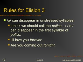 Rules for Elision 3
 /ə/ can disappear in unstressed syllables.
 I think we should call the police → / ə /
can disappear in the first syllable of
police.
 I’ll love you forever.
 Are you coming out tonight.
02/08/15 kak Sovanna 093 60002112
 