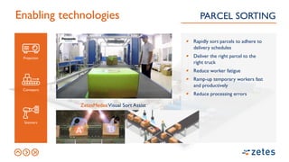 ZetesMedeaVisual Sort Assist
Rapidly sort parcels to adhere to
delivery schedules
Deliver the right parcel to the
right truck
Reduce worker fatigue
Ramp-up temporary workers fast
and productively
Reduce processing errors
Enabling technologies PARCEL SORTING
Projection
Scanners
Conveyors
 