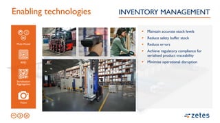 RFID
Maintain accurate stock levels
Reduce safety buffer stock
Reduce errors
Achieve regulatory compliance for
serialised product traceability
Minimise operational disruption
Enabling technologies INVENTORY MANAGEMENT
RFID
Serialisation
Aggregation
Multi-Modal
Vision
 