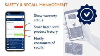 Notify
consumers of
recalls
Serial Number
Item Details
…
Batch Number
Product Alerts
BF5748932986K557432
Track & Trace History
Activate Warranty
Instructions
Special Offers
DFGH – SEP2019 - 342
Status – NO RECALL
Warranty - INACTIVE
Panasonic Lumix
SAFETY & RECALL MANAGEMENT
Store batch level
product history
Show warranty
status
 