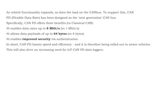 As vehicle functionality expands, so does the load on the CANbus. To support this, CAN
FD (Flexible Data Rate) has been designed as the 'next generation' CAN bus.
Specifically, CAN FD offers three benefits (vs Classical CAN):
•It enables data rates up to 8 Mbit/s (vs 1 Mbit/s)
•It allows data payloads of up to 64 bytes (vs 8 bytes)
•It enables improved security via authentication
In short, CAN FD boosts speed and efficiency - and it is therefore being rolled out in newer vehicles.
This will also drive an increasing need for IoT CAN FD data loggers.
 