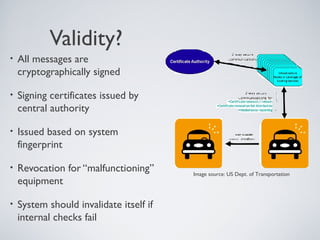 Validity?
•   All messages are
    cryptographically signed

•   Signing certificates issued by
    central authority

•   Issued based on system
    fingerprint

•   Revocation for “malfunctioning”      Image source: US Dept. of Transportation
    equipment

•   System should invalidate itself if
    internal checks fail
 