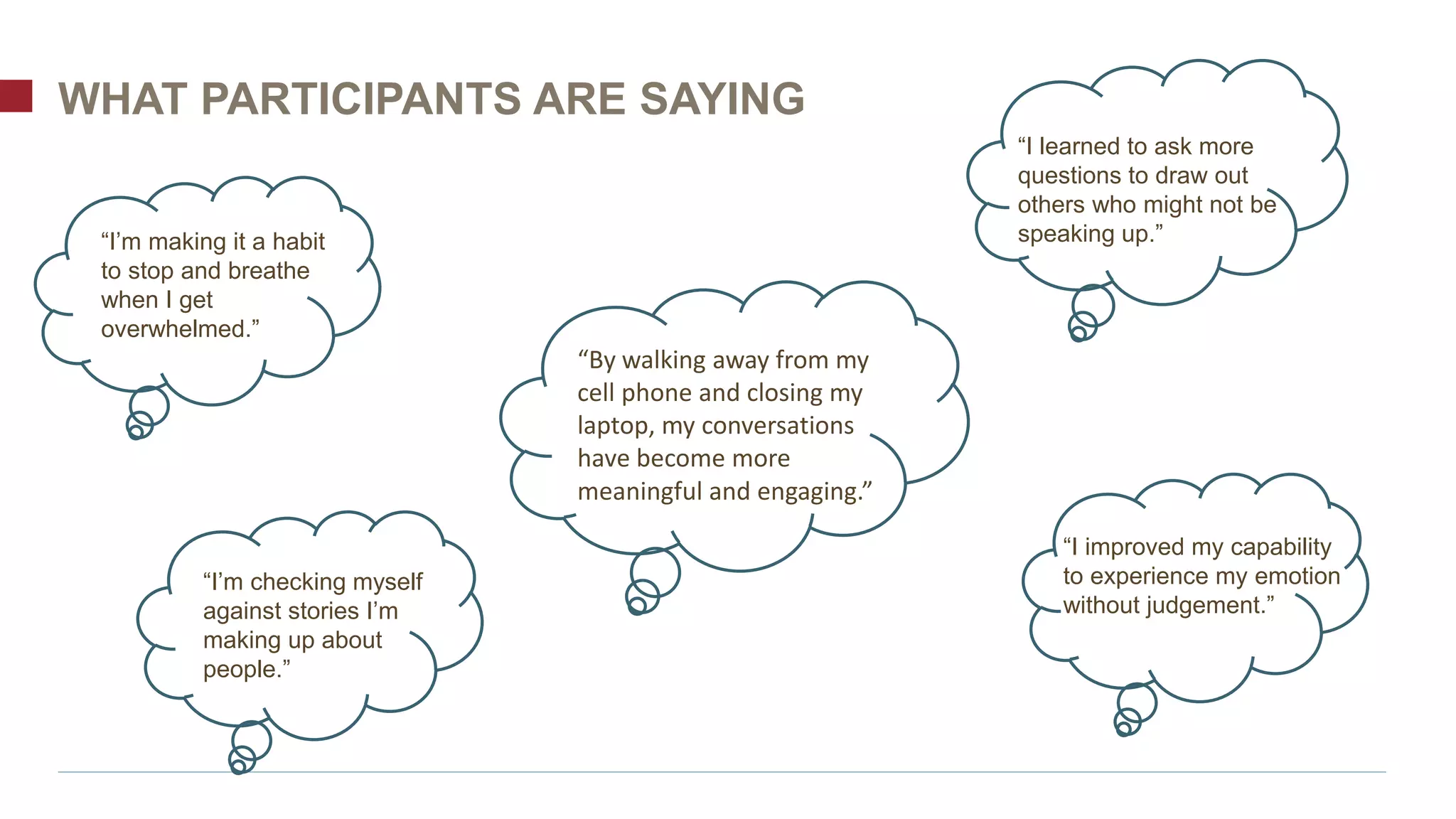 WHAT PARTICIPANTS ARE SAYING
“I’m making it a habit
to stop and breathe
when I get
overwhelmed.”
“I’m checking myself
against stories I’m
making up about
people.”
“I improved my capability
to experience my emotion
without judgement.”
“By walking away from my
cell phone and closing my
laptop, my conversations
have become more
meaningful and engaging.”
“I learned to ask more
questions to draw out
others who might not be
speaking up.”
 