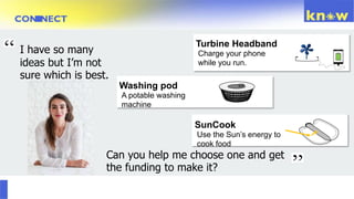I have so many
ideas but I’m not
sure which is best.
Can you help me choose one and get
the funding to make it?
Turbine Headband
Charge your phone
while you run.
Washing pod
A potable washing
machine
SunCook
Use the Sun’s energy to
cook food
 