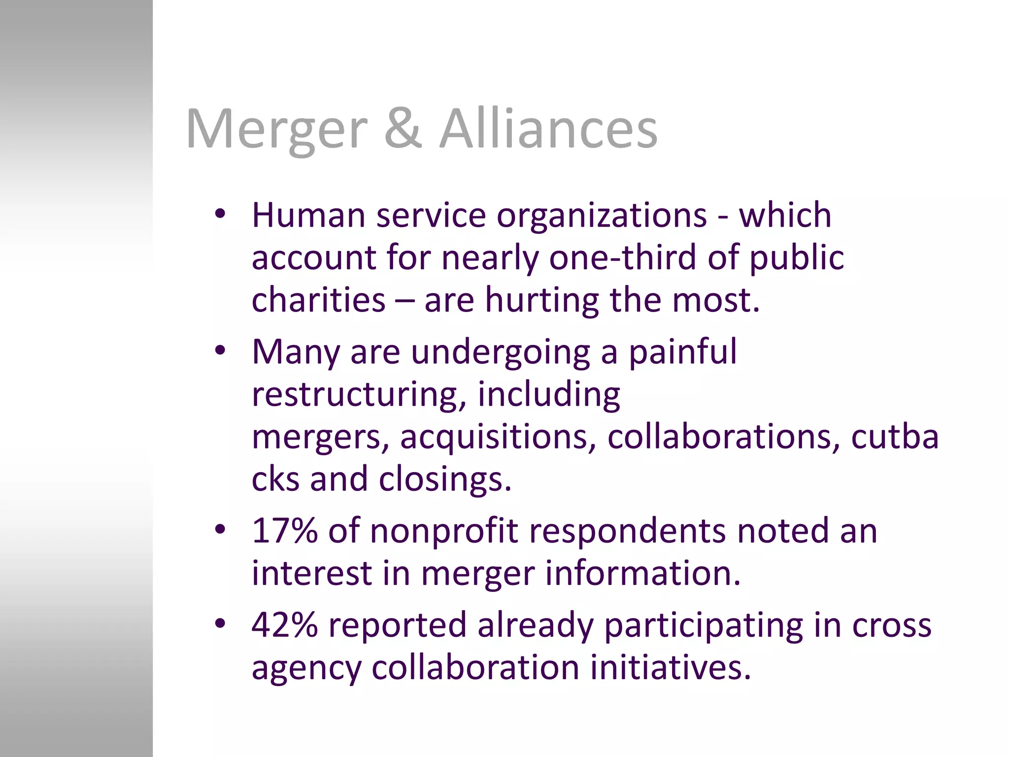 Merger & Alliances
 • Human service organizations - which
   account for nearly one-third of public
   charities – are hurting the most.
 • Many are undergoing a painful
   restructuring, including
   mergers, acquisitions, collaborations, cutba
   cks and closings.
 • 17% of nonprofit respondents noted an
   interest in merger information.
 • 42% reported already participating in cross
   agency collaboration initiatives.
 