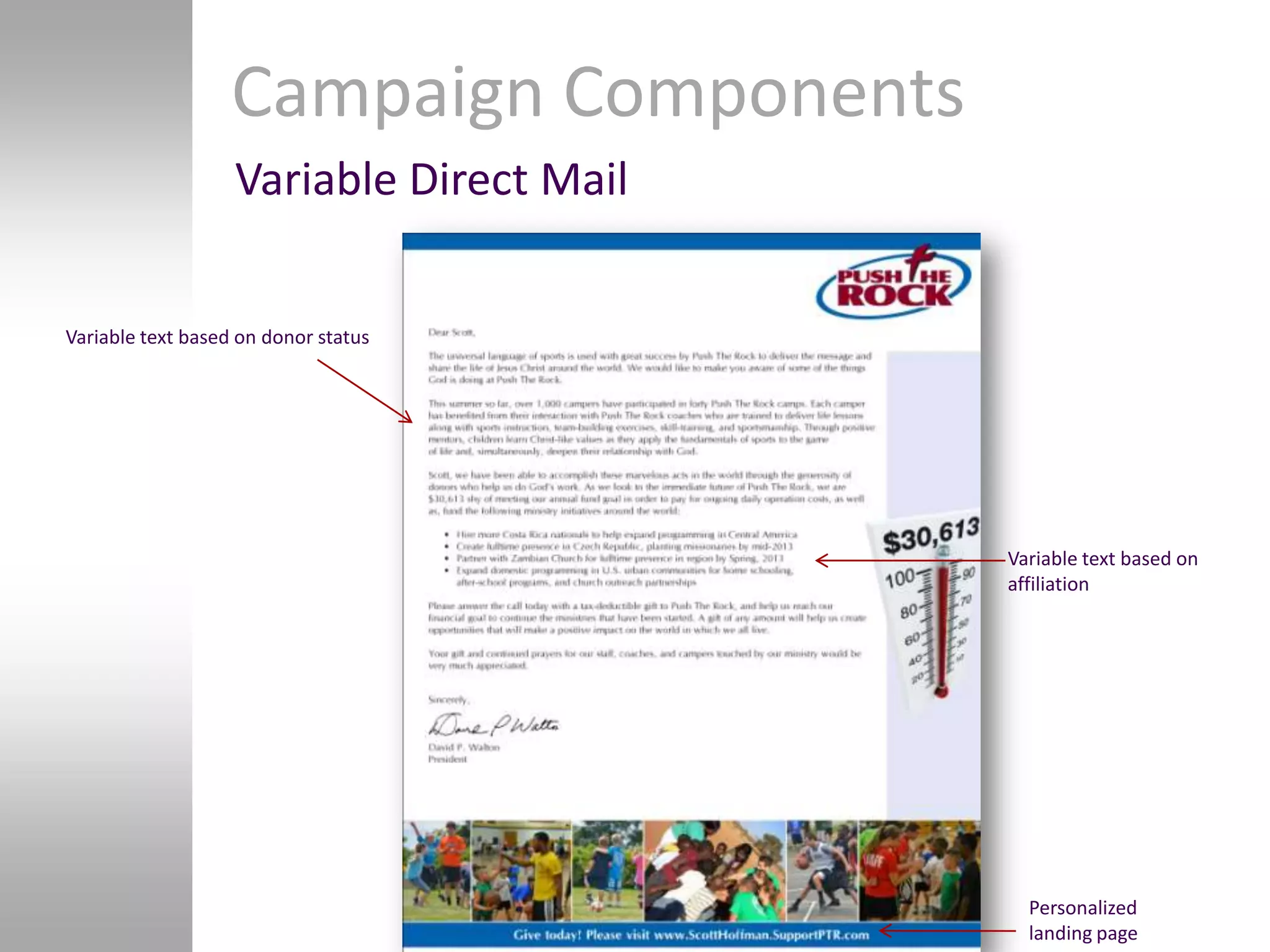 Campaign Components
                   Variable Direct Mail


Variable text based on donor status




                                          Variable text based on
                                          affiliation




                                            Personalized
                                            landing page
 