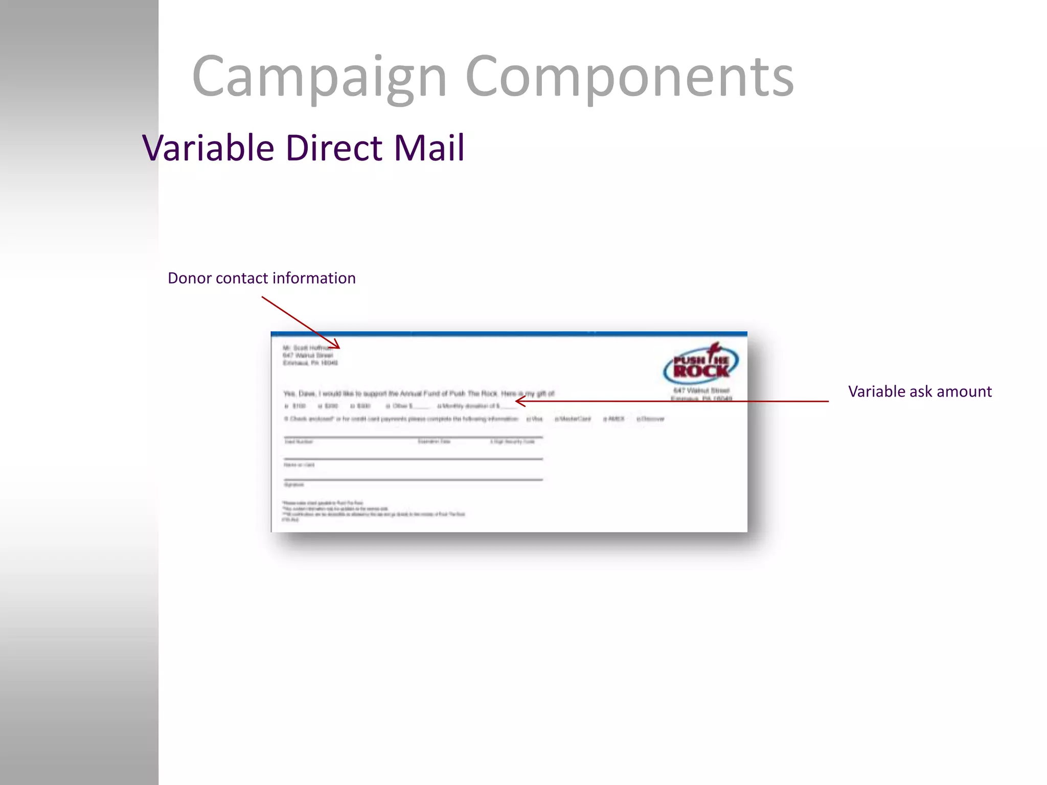 Campaign Components
Variable Direct Mail


 Donor contact information




                             Variable ask amount
 