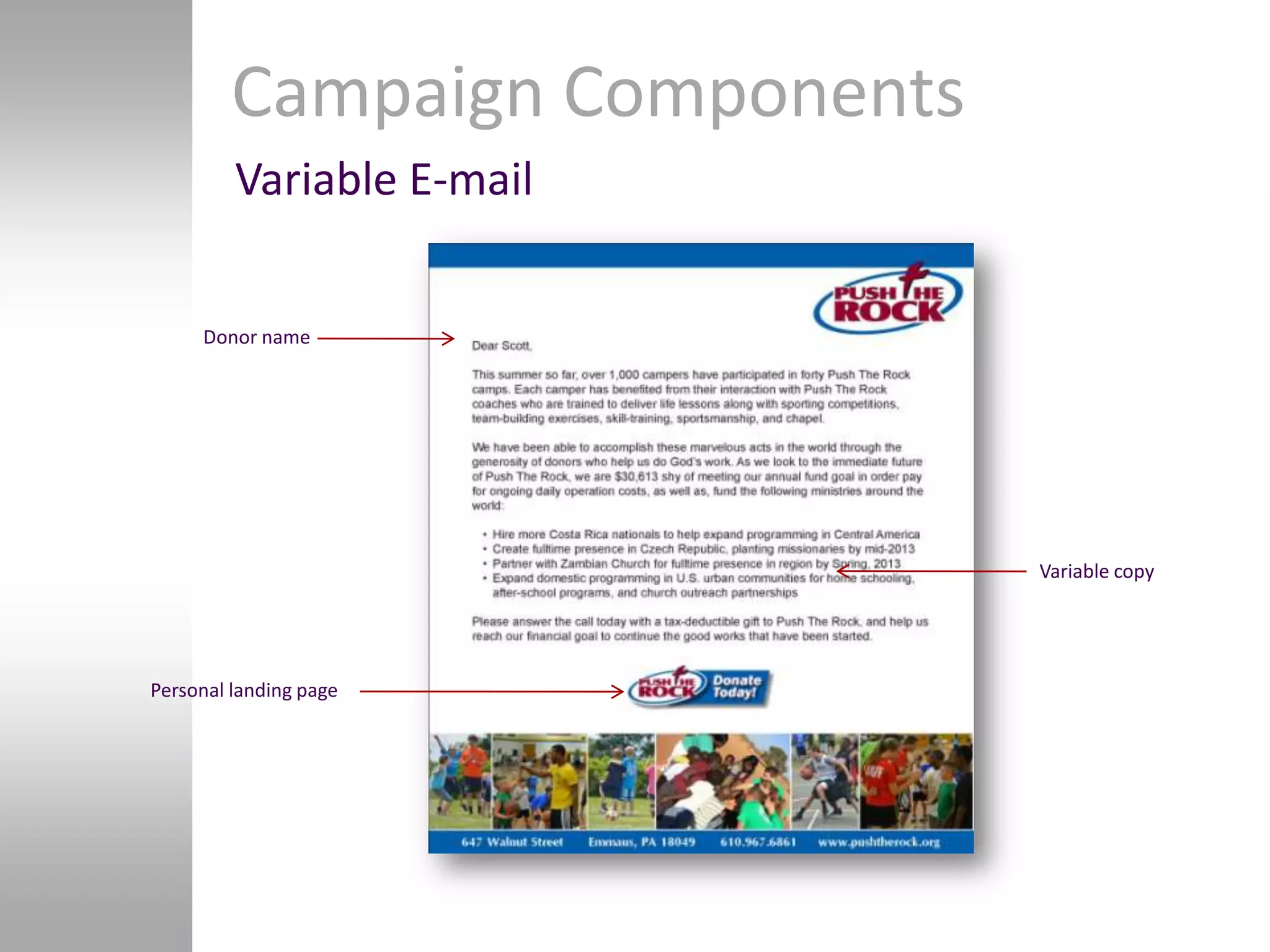 Campaign Components
         Variable E-mail


     Donor name




                               Variable copy




Personal landing page
 