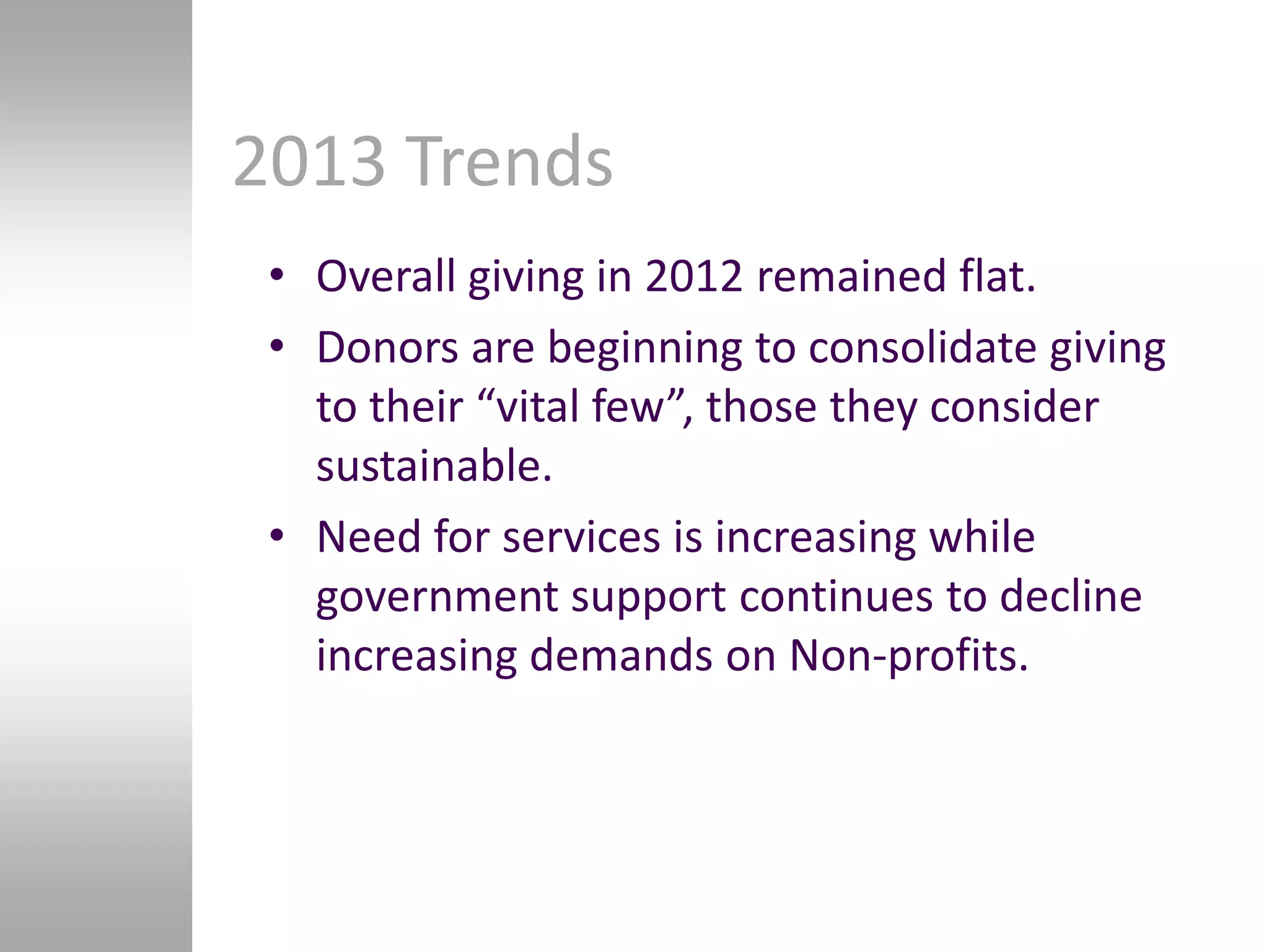 2013 Trends
 • Overall giving in 2012 remained flat.
 • Donors are beginning to consolidate giving
   to their “vital few”, those they consider
   sustainable.
 • Need for services is increasing while
   government support continues to decline
   increasing demands on Non-profits.
 