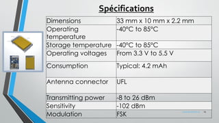 Spécifications
Dimensions 33 mm x 10 mm x 2.2 mm
Operating
temperature
-40°C to 85°C
Storage temperature -40°C to 85°C
Operating voltages From 3.3 V to 5.5 V
Consumption Typical: 4.2 mAh
Antenna connector UFL
Transmitting power -8 to 26 dBm
Sensitivity -102 dBm
Modulation FSK
15www.penteract.ca
 