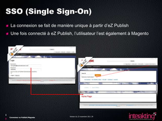 SSO (Single Sign-On)
 La connexion se fait de manière unique à partir d’eZ Publish
 Une fois connecté à eZ Publish, l’utilisateur l’est également à Magento




                                Version du 23 novembre 2011 29
Connecteur ez Publish/Magneto
 