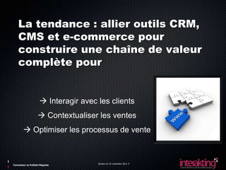 La tendance : allier outils CRM,
    CMS et e-commerce pour
    construire une chaîne de valeur
    complète pour


                      Interagir avec les clients
                    Contextualiser les ventes
         Optimiser les processus de vente



                                      Version du 23 novembre 2011 4
Connecteur ez Publish/Magneto
 
