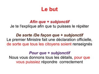 Le but Afin que + subjonctif Je te l'explique afin que tu puisses le répéter De sorte /De façon que + subjonctif Le premier Ministre fait une déclaration officielle,  de sorte que tous les citoyens soient  renseignés Pour que + subjonctif Nous vous donnons tous les détails,  pour que vous puissiez  répondre  correctement 