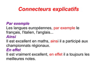 Connecteurs explicatifs Par exemple Les langues européennes,  par exemple  le français, l'italien, l'anglais... Ainsi Il est excellent en maths,  ains i il a participé aux championnats régionaux. En effet Il est vraiment excellent,  en effet  il a toujours les meilleures notes. 