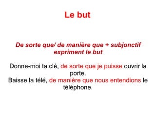 Le but De sorte que/ de manière que + subjonctif expriment le but Donne-moi ta clé,  de sorte que je puisse  ouvrir la porte. Baisse la télé,  de manière que nous entendions  le   téléphone. 