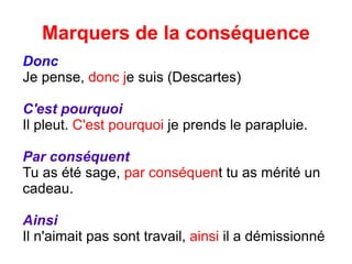 Marquers de la conséquence Donc Je pense,  donc j e suis (Descartes) C'est pourquoi Il pleut.  C'est pourquoi  je prends le parapluie. Par conséquent Tu as été sage,  par conséquen t tu as mérité un cadeau. Ainsi Il n'aimait pas sont travail,  ainsi  il a démissionné 