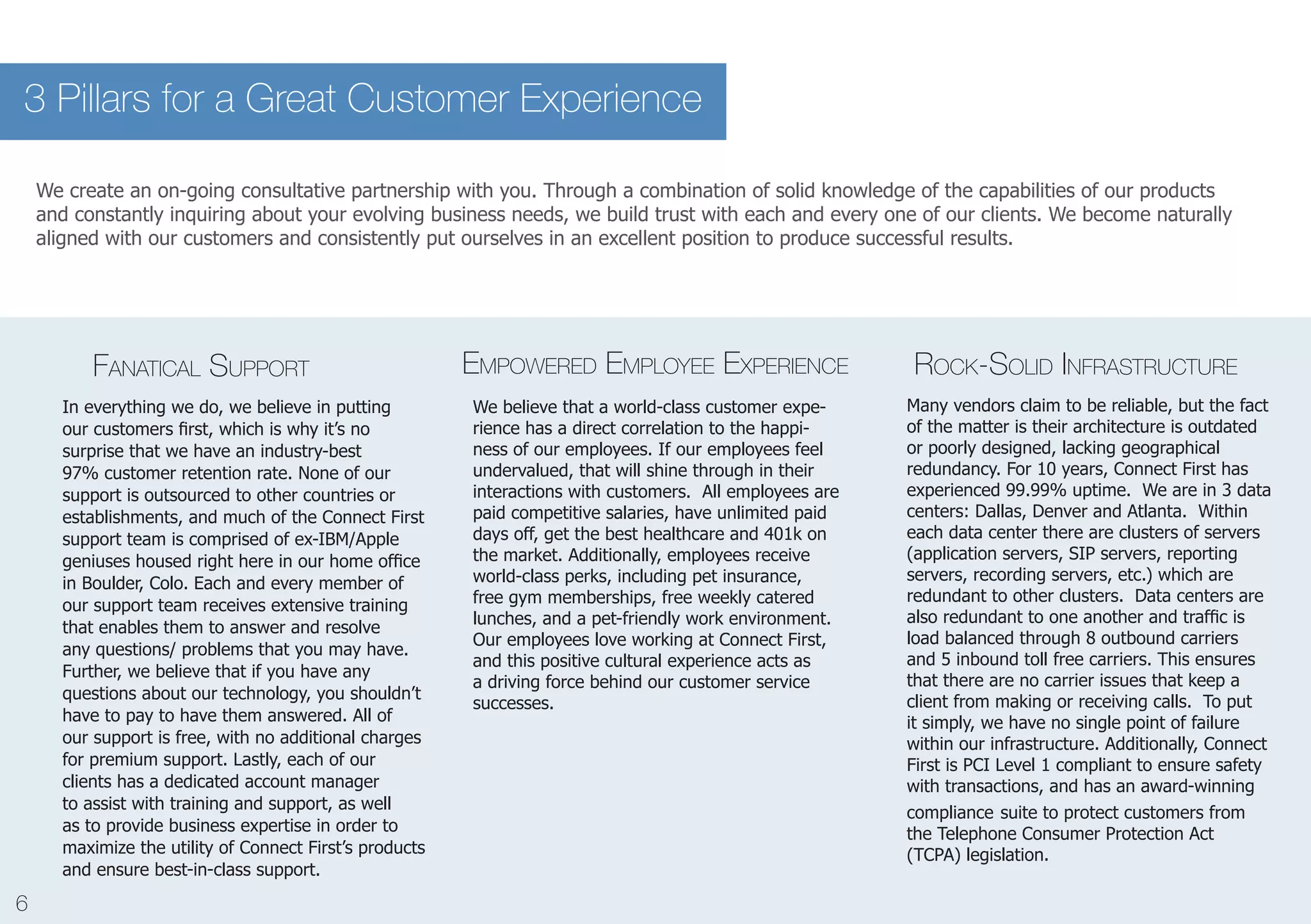 3 Pillars for a Great Customer Experience 
We create an on-going consultative partnership with you. Through a combination of solid knowledge of the capabilities of our products and constantly inquiring about your evolving business needs, we build trust with each and every one of our clients. We become naturally aligned with our customers and consistently put ourselves in an excellent position to produce successful results. 
In everything we do, we believe in putting our customers first, which is why it’s no surprise that we have an industry-best 97% customer retention rate. None of our support is outsourced to other countries or establishments, and much of the Connect First support team is comprised of ex-IBM/Apple geniuses housed right here in our home office in Boulder, Colo. Each and every member of our support team receives extensive training that enables them to answer and resolve any questions/ problems that you may have. Further, we believe that if you have any questions about our technology, you shouldn’t have to pay to have them answered. All of our support is free, with no additional charges for premium support. Lastly, each of our clients has a dedicated account manager to assist with training and support, as well as to provide business expertise in order to maximize the utility of Connect First’s products and ensure best-in-class support. 
Many vendors claim to be reliable, but the fact of the matter is their architecture is outdated or poorly designed, lacking geographical redundancy. For 10 years, Connect First has experienced 99.99% uptime. We are in 3 data centers: Dallas, Denver and Atlanta. Within each data center there are clusters of servers (application servers, SIP servers, reporting servers, recording servers, etc.) which are redundant to other clusters. Data centers are also redundant to one another and traffic is load balanced through 8 outbound carriers and 5 inbound toll free carriers. This ensures that there are no carrier issues that keep a client from making or receiving calls. To put it simply, we have no single point of failure within our infrastructure. Additionally, Connect First is PCI Level 1 compliant to ensure safety with transactions, and has an award-winning compliance suite to protect customers from the Telephone Consumer Protection Act (TCPA) legislation. 
We believe that a world-class customer experience has a direct correlation to the happiness of our employees. If our employees feel undervalued, that will shine through in their interactions with customers. All employees are paid competitive salaries, have unlimited paid days off, get the best healthcare and 401k on the market. Additionally, employees receive world-class perks, including pet insurance, free gym memberships, free weekly catered lunches, and a pet-friendly work environment. Our employees love working at Connect First, and this positive cultural experience acts as a driving force behind our customer service successes. 
F 
anatical Support 
R 
ock-Solid Infrastructure 
E 
mpowered Employee Experience 
6  