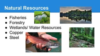 Natural Resources
● Fisheries
● Forestry
● Wetlands/ Water Resources
● Copper
● Steel
 