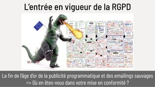L’entrée en vigueur de la RGPD
La fin de l’âge d’or de la publicité programmatique et des emailings sauvages
=> Où en êtes-vous dans votre mise en conformité ?
 