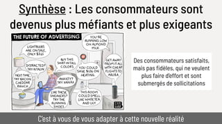 Synthèse : Les consommateurs sont
devenus plus méfiants et plus exigeants
C’est à vous de vous adapter à cette nouvelle réalité
Des consommateurs satisfaits,
mais pas fidèles, qui ne veulent
plus faire d’effort et sont
submergés de sollicitations
 