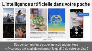 LensSuperzoom, Night shift
L’intelligence artificielle dans votre poche
Des consommateurs aux exigences augmentées
=> Avez-vous envisagé de rehausser la qualité de votre service ?
Depth of field
 