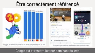 Google, le leader incontesté de la recherche depuis 20 ans Google Maps et Waze deviennent des plateformes
Être correctement référencé
Google est et restera l’acteur dominant du web
 