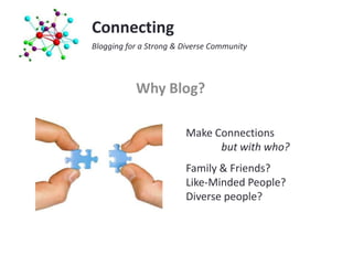 Connecting
Blogging for a Strong & Diverse Community



           Why Blog?

                        Make Connections
                              but with who?
                        Family & Friends?
                        Like-Minded People?
                        Diverse people?
 