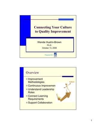 Connecting Your Culture
     to Quality Improvement


        Wende Huehn-Brown
                 Ph.D.
            October 13, 2008


              Prepared for:




Overview
 Improvement
 Methodologies                 Culture

 Continuous Improvement
 Understand Leadership
 Roles
 Connect Learning
 Requirements
 Support Collaboration




                                         1
 