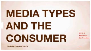 MEDIA TYPES
AND THE
CONSUMER
                                                                                 02. 12.12
                                                                                 A dverti sin g
                                                                                 San Fr an cis co




 C     O      N     N        E   C   T   I   N   G   T   H   E   D   O   T   S
THE COLLECTIVE FACTORY LLC
 